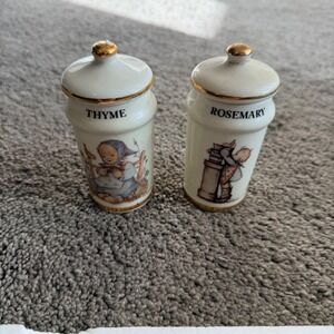 Vintage MJ Hummel Danbury Mint Spice Jars Thyme Rosemary Porcelain Gold Trim Set